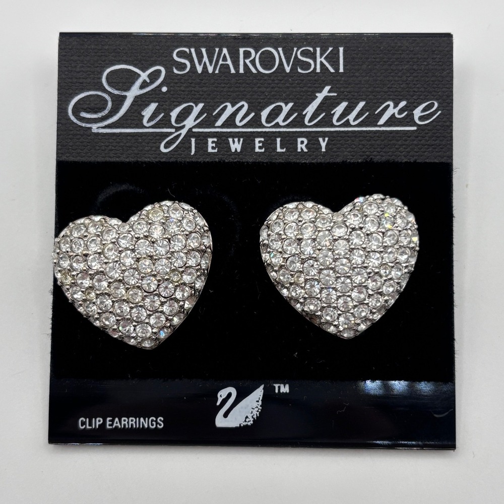 Vintage Signature Swarovski Heart Clip On Earrings